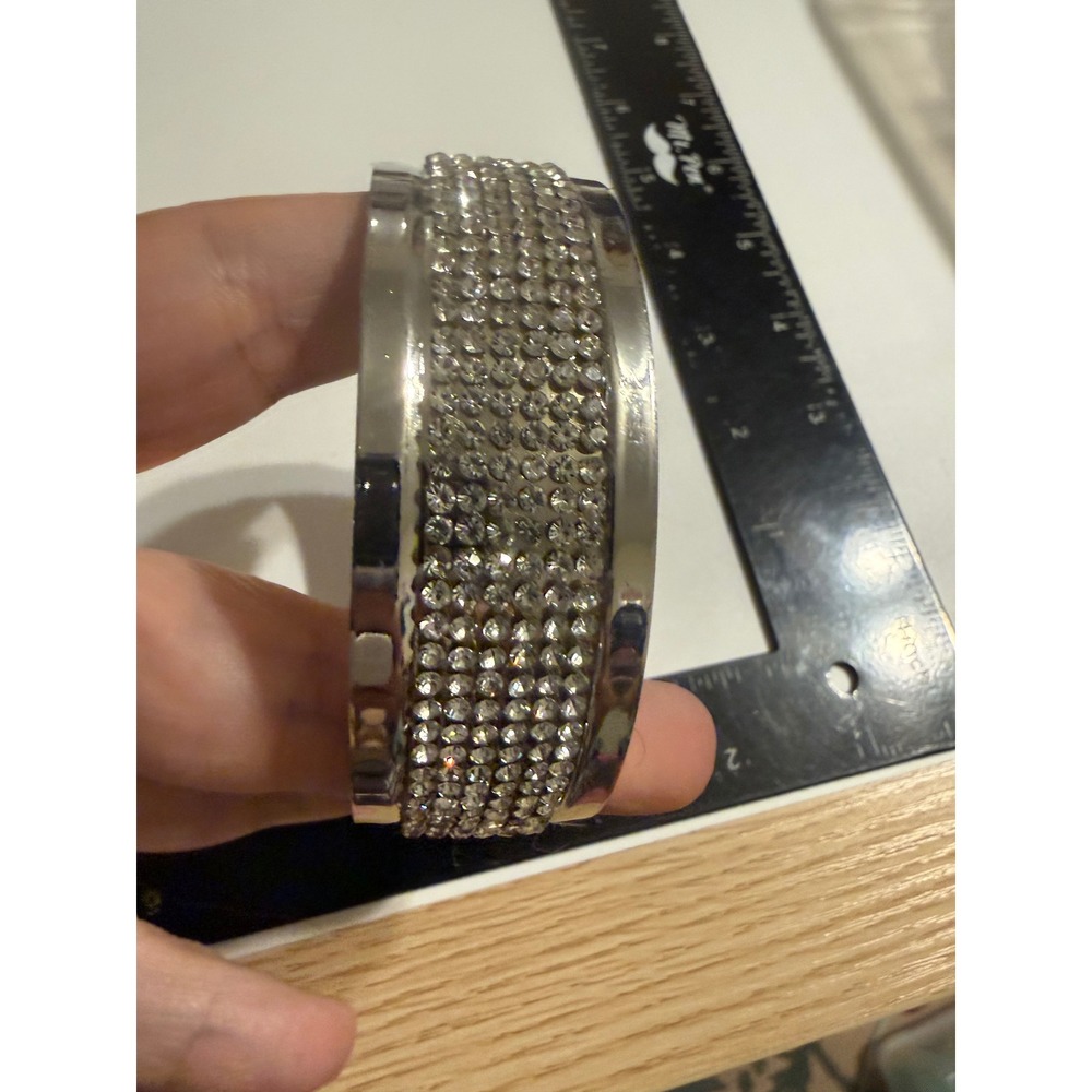 Silver Tone Multi Row Rhinestone Wide Bangle Bracelet Clear Crystal Statement